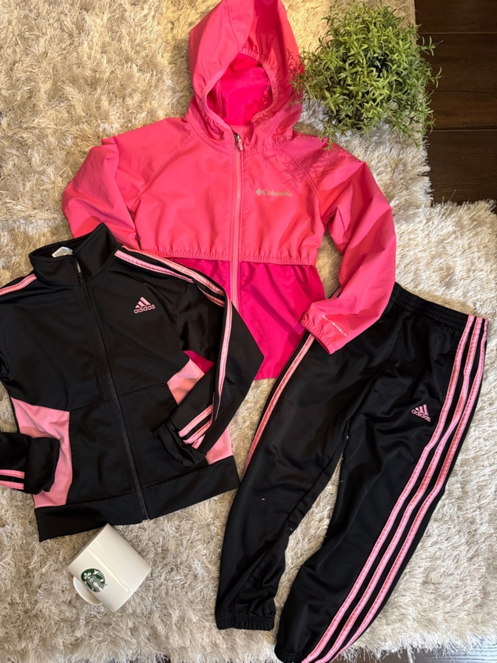EUC Girls Columbia adidas Black and Pink 3-Piece Athletic Jacket & Pants Size 6